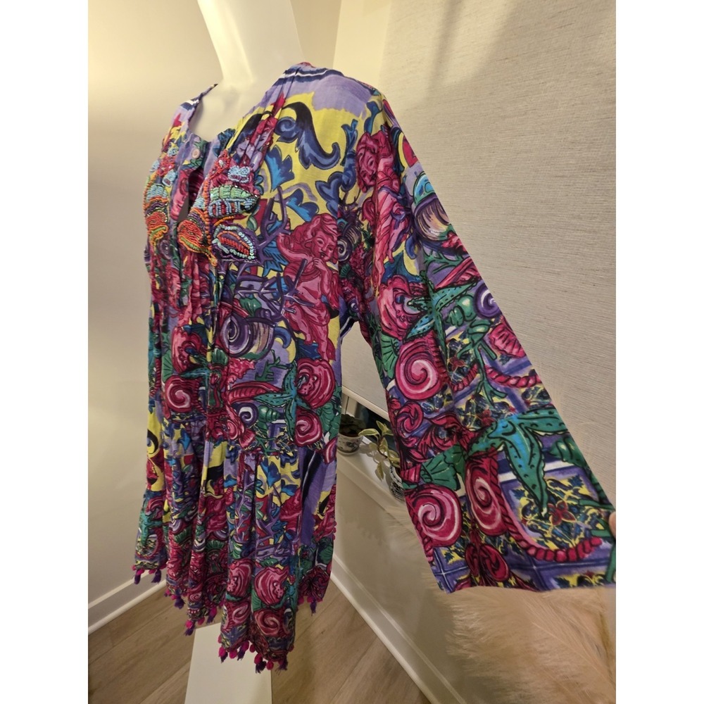 ANTICA SARTORIA NWT PURPLE PINK & YELLOW CHERUB PRINT SHORT DRESS OS Resort - Picture 2 of 16